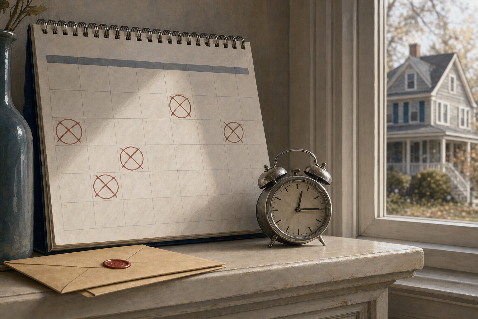 A wall calendar with missed mortgage payment dates circled, marking a New Jersey homeowner falling behind