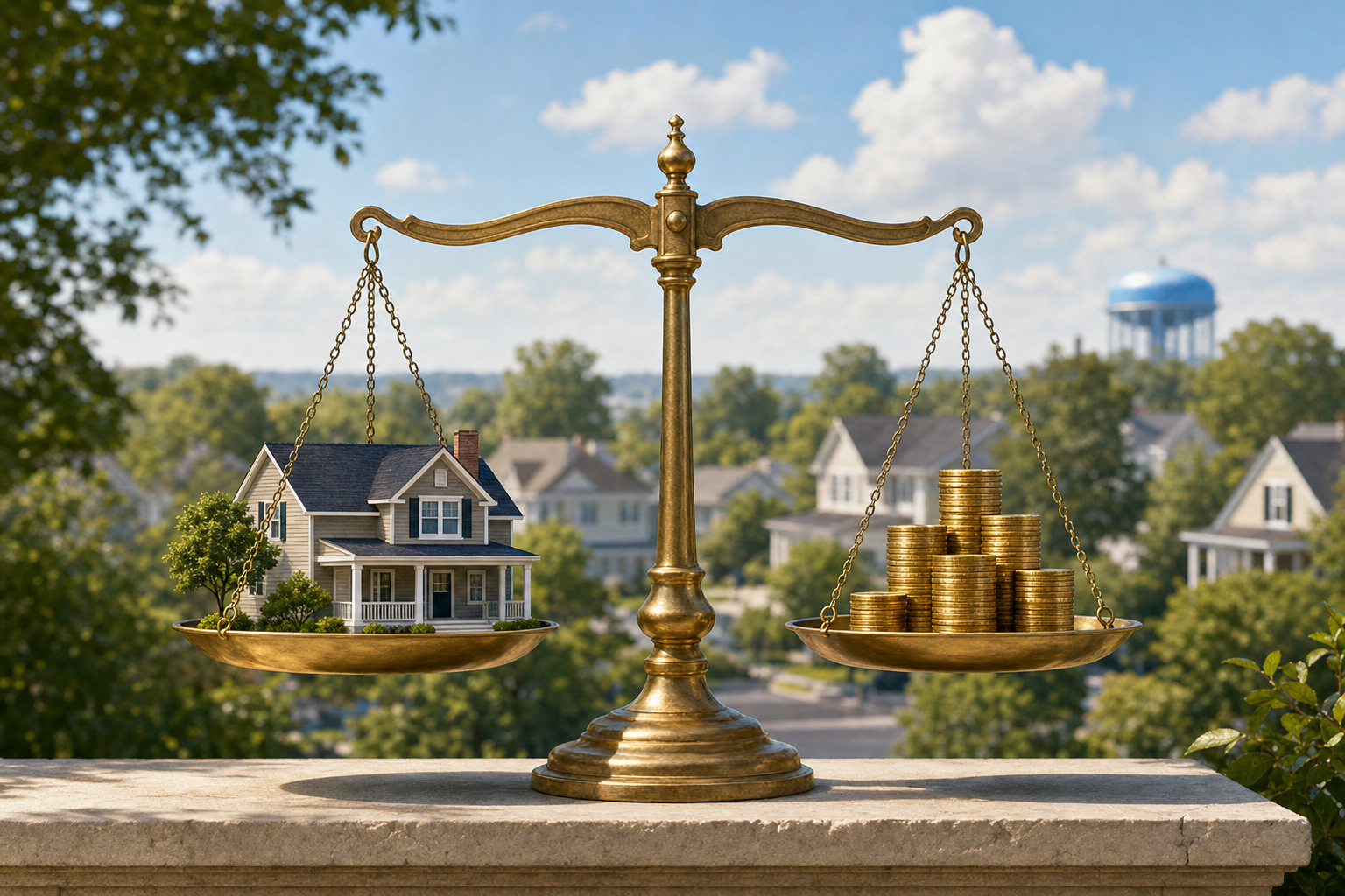 A balance scale weighing a small house against a stack of coins on a bright background