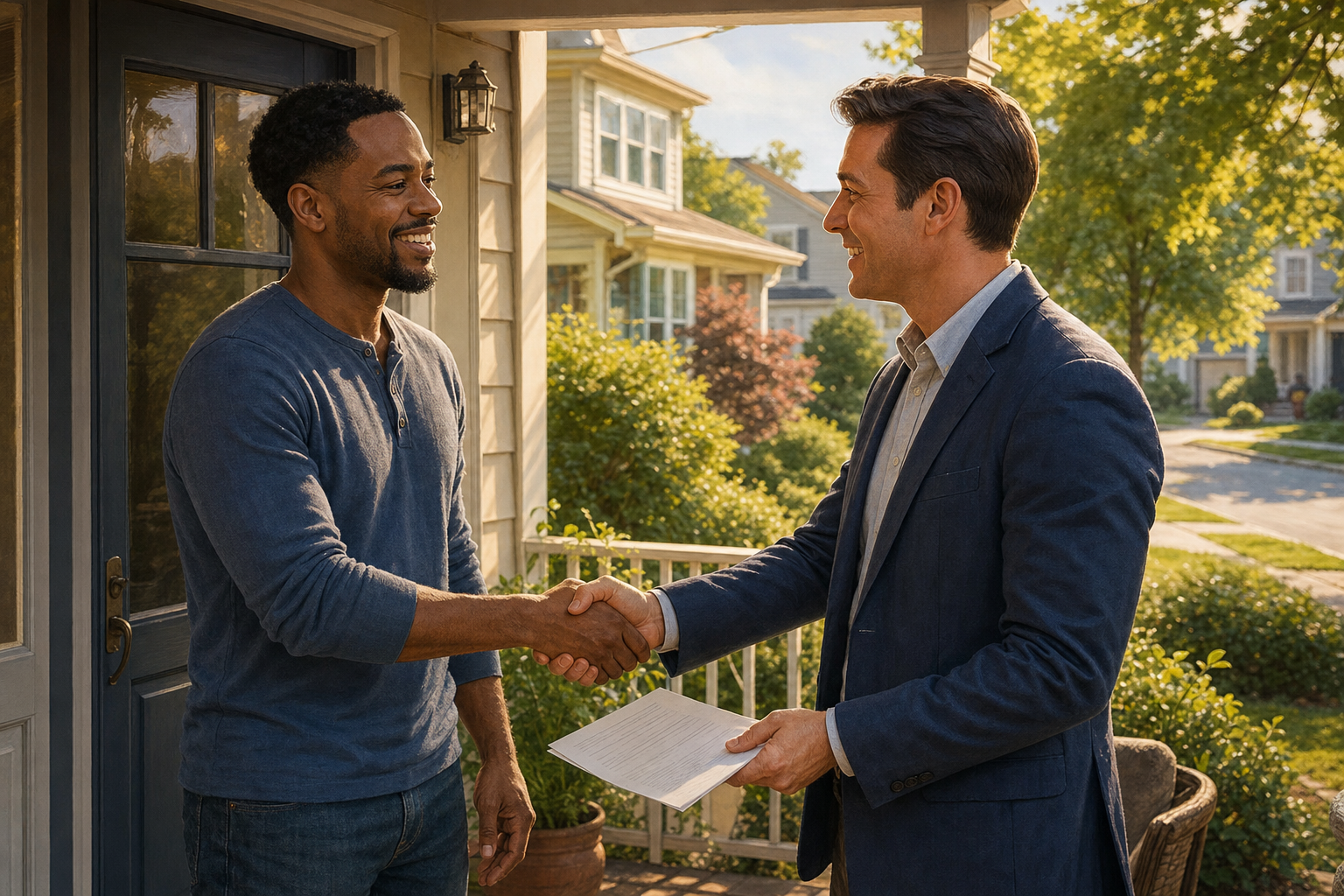 A Black New Jersey homeowner shaking hands with a local cash home buyer on a suburban front porch