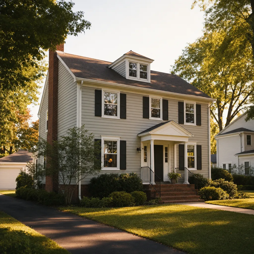 A classic New Jersey colonial-style home at golden hour on a quiet suburban street