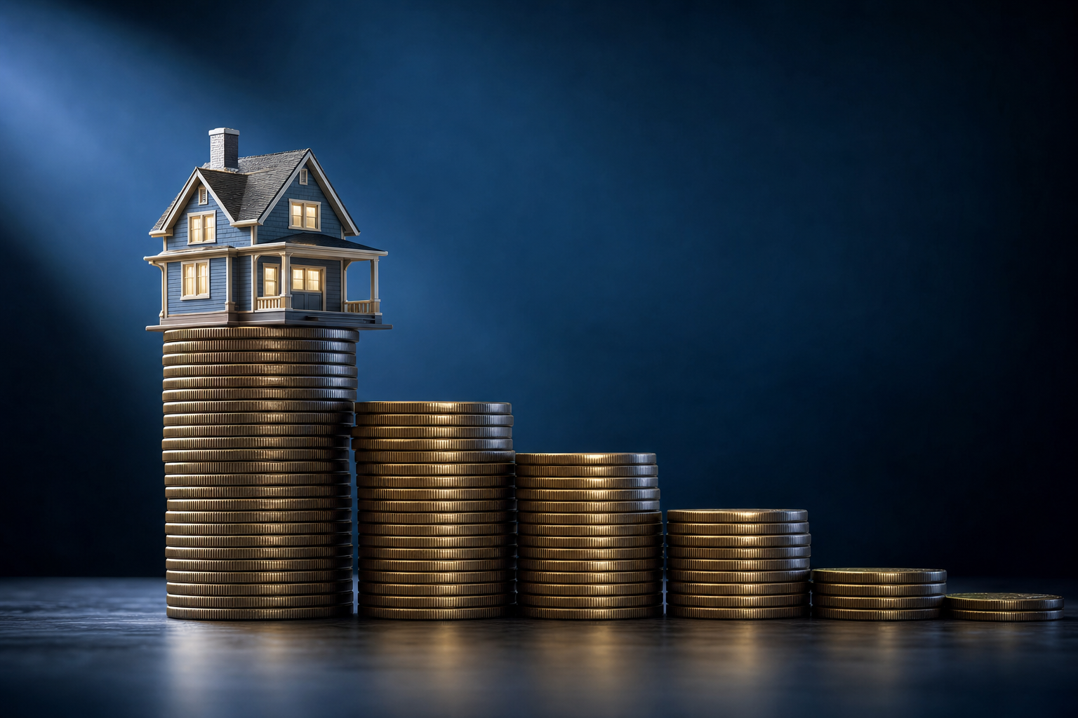 A small house atop a descending staircase of stacked coins representing home selling costs