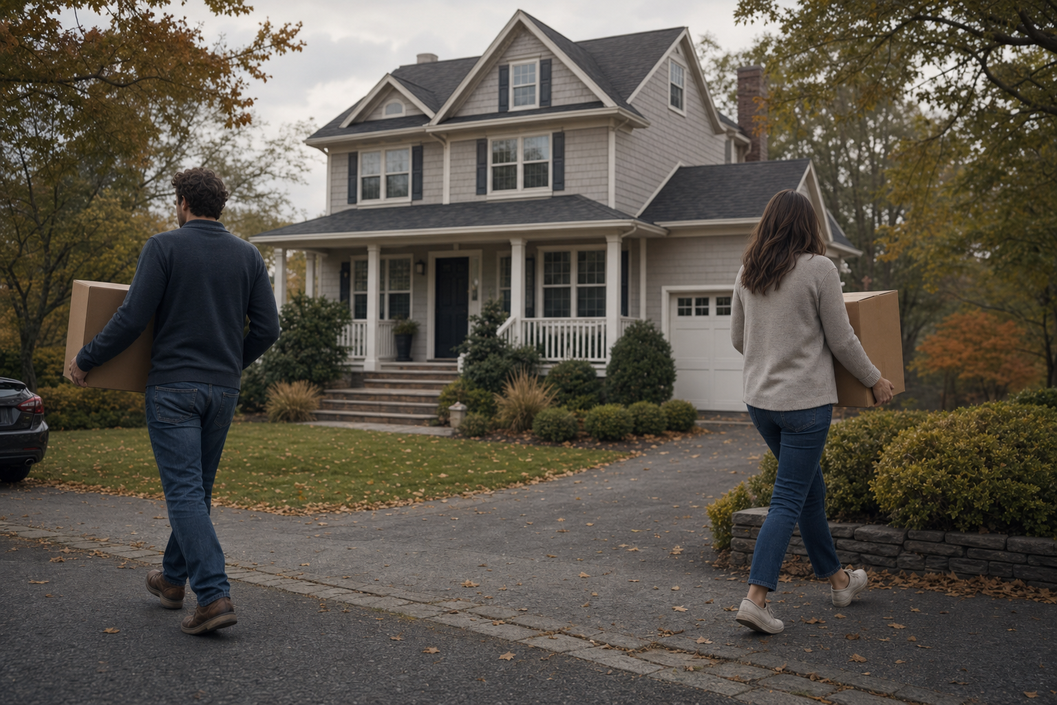 A separating couple walking away from their New Jersey home in opposite directions