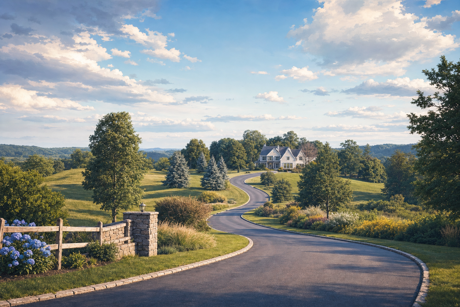 A winding country road leading toward a house on a hill in New Jersey
