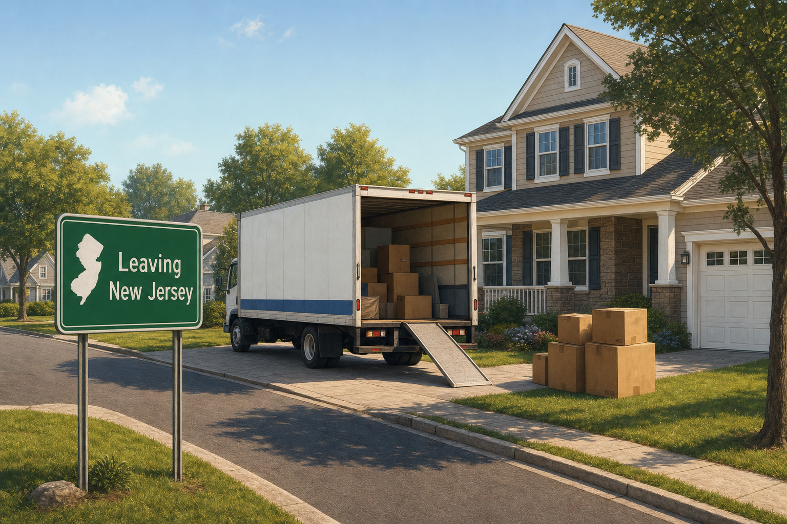 A moving truck loaded with boxes in the driveway of a New Jersey home on a bright morning