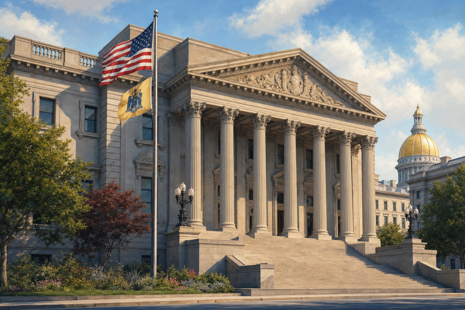 A New Jersey government building with classical columns and the state flag