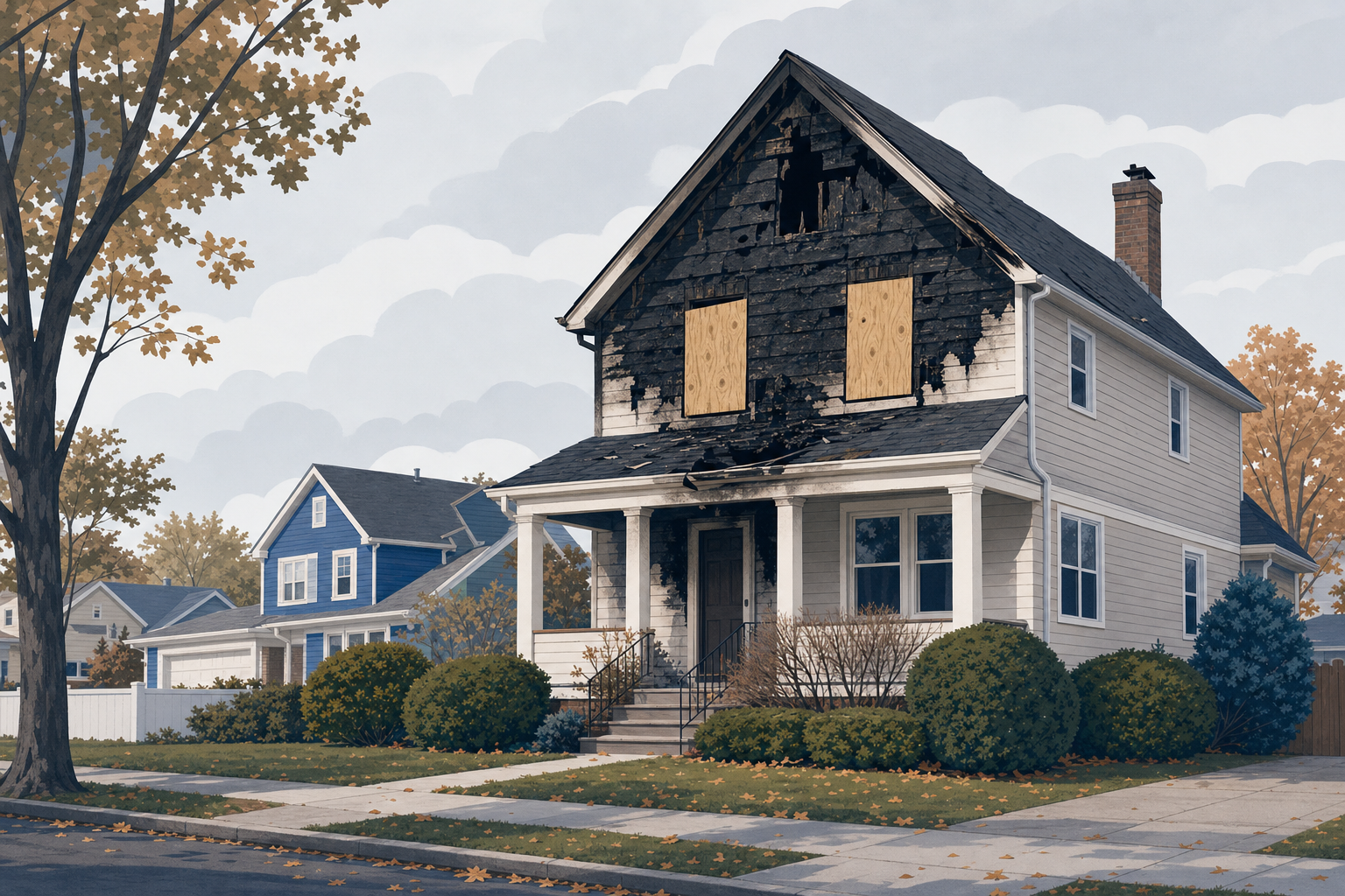 Fire-damaged single-family New Jersey house with charred siding and boarded windows on a quiet street