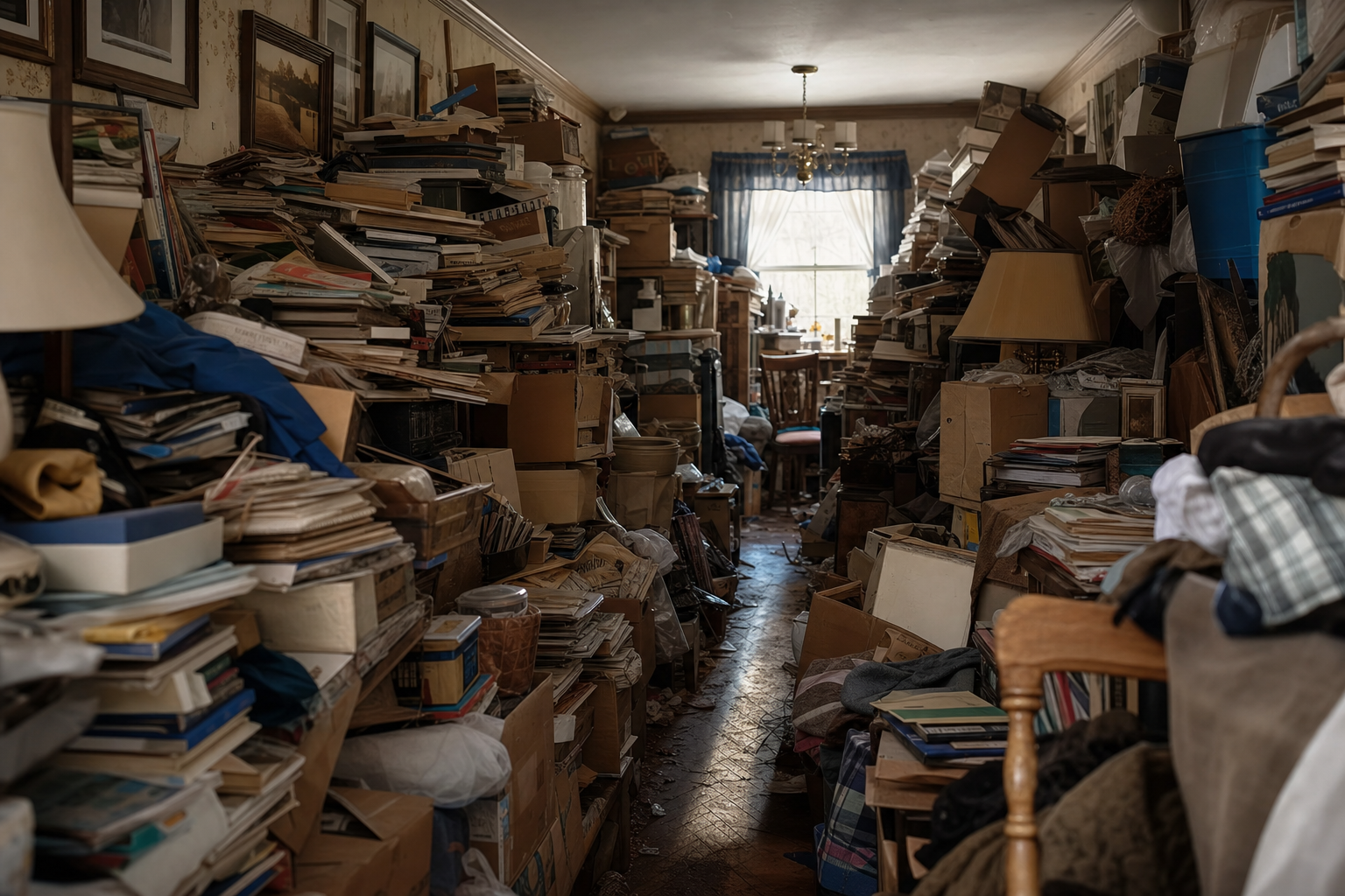 The cluttered, packed interior of a hoarder house in New Jersey before an as-is sale