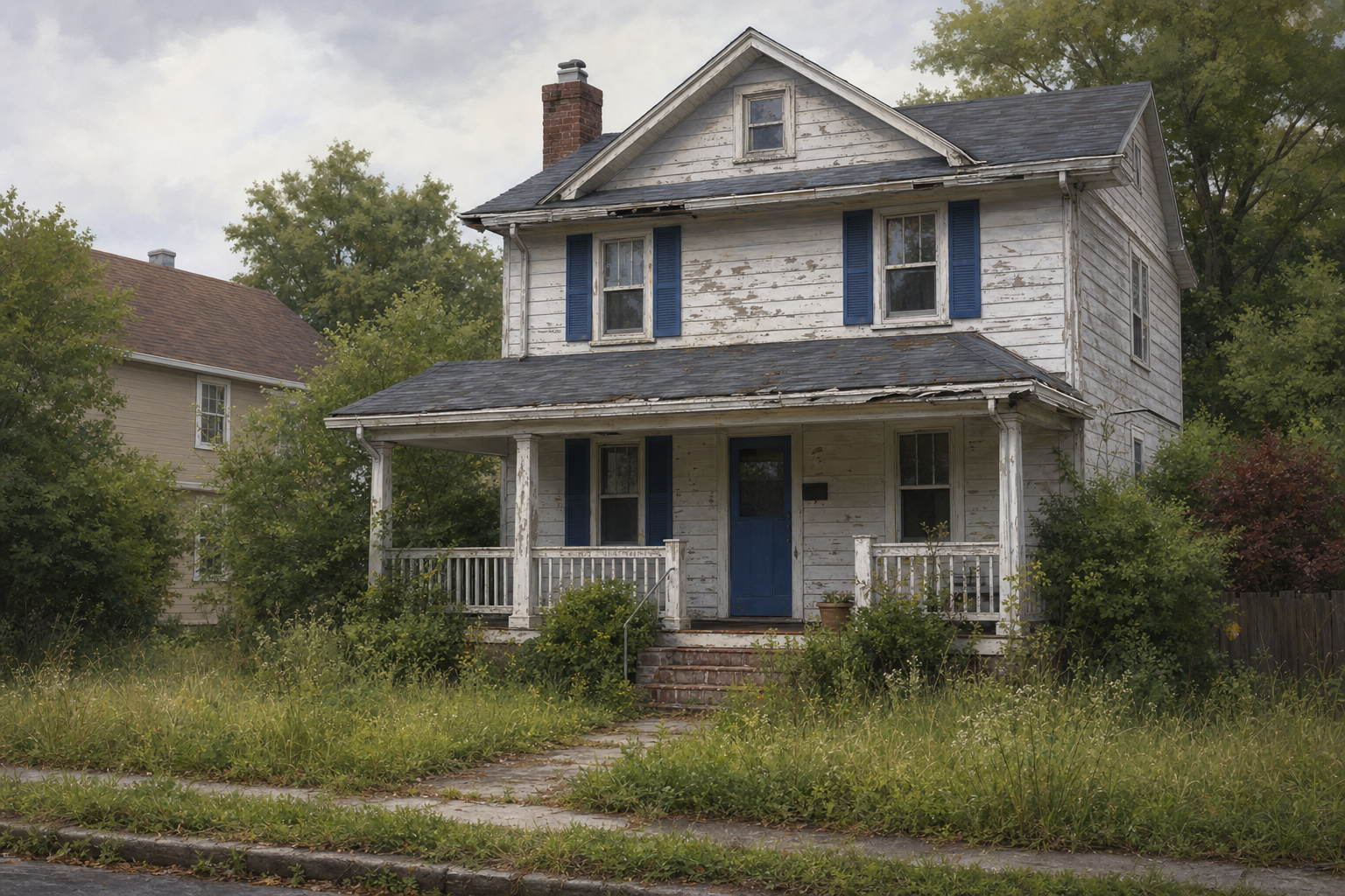 A weathered but solid New Jersey single-family house with peeling paint and an overgrown yard, listed for sale as-is