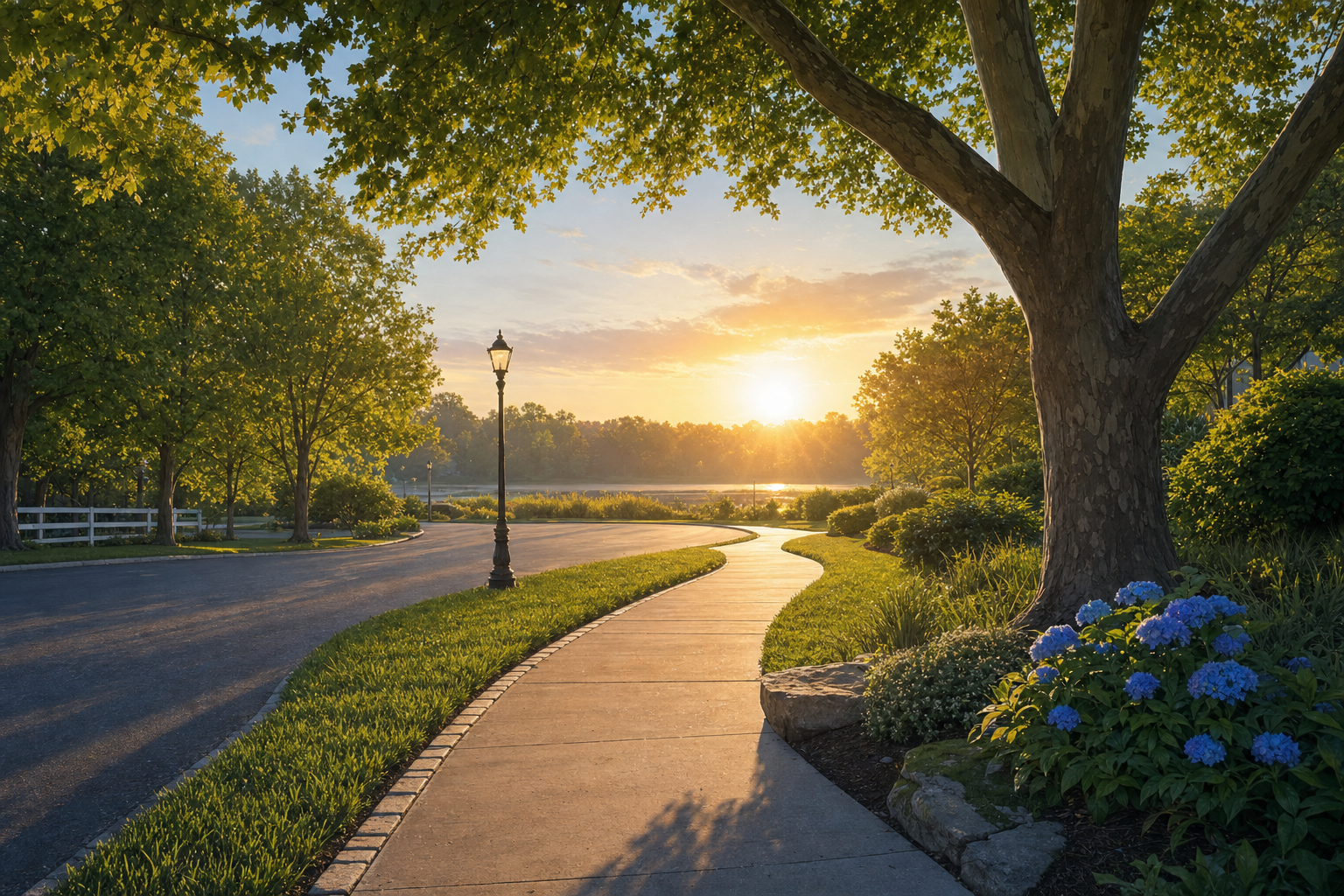 A quiet tree-lined New Jersey sidewalk leading toward bright morning light, suggesting a financial fresh start