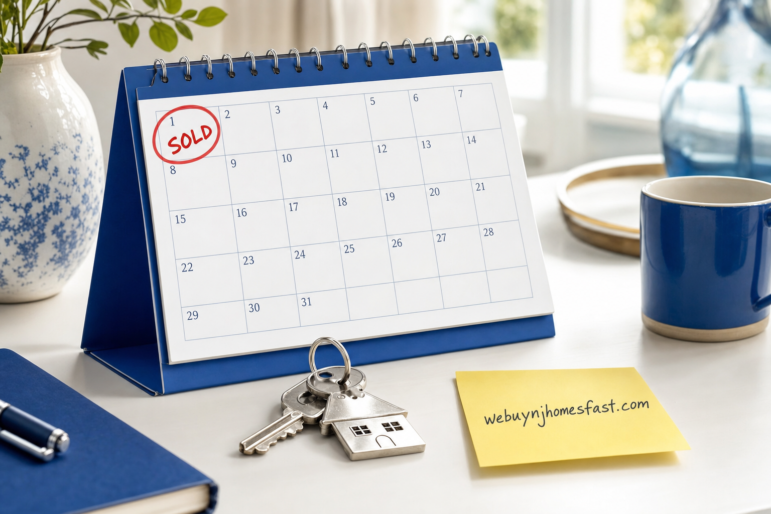 A desk calendar with an early date marked SOLD beside house keys and a webuynjhomesfast.com note