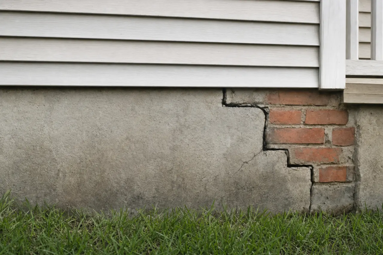 A stair-step crack running through the concrete and brick foundation of a New Jersey home