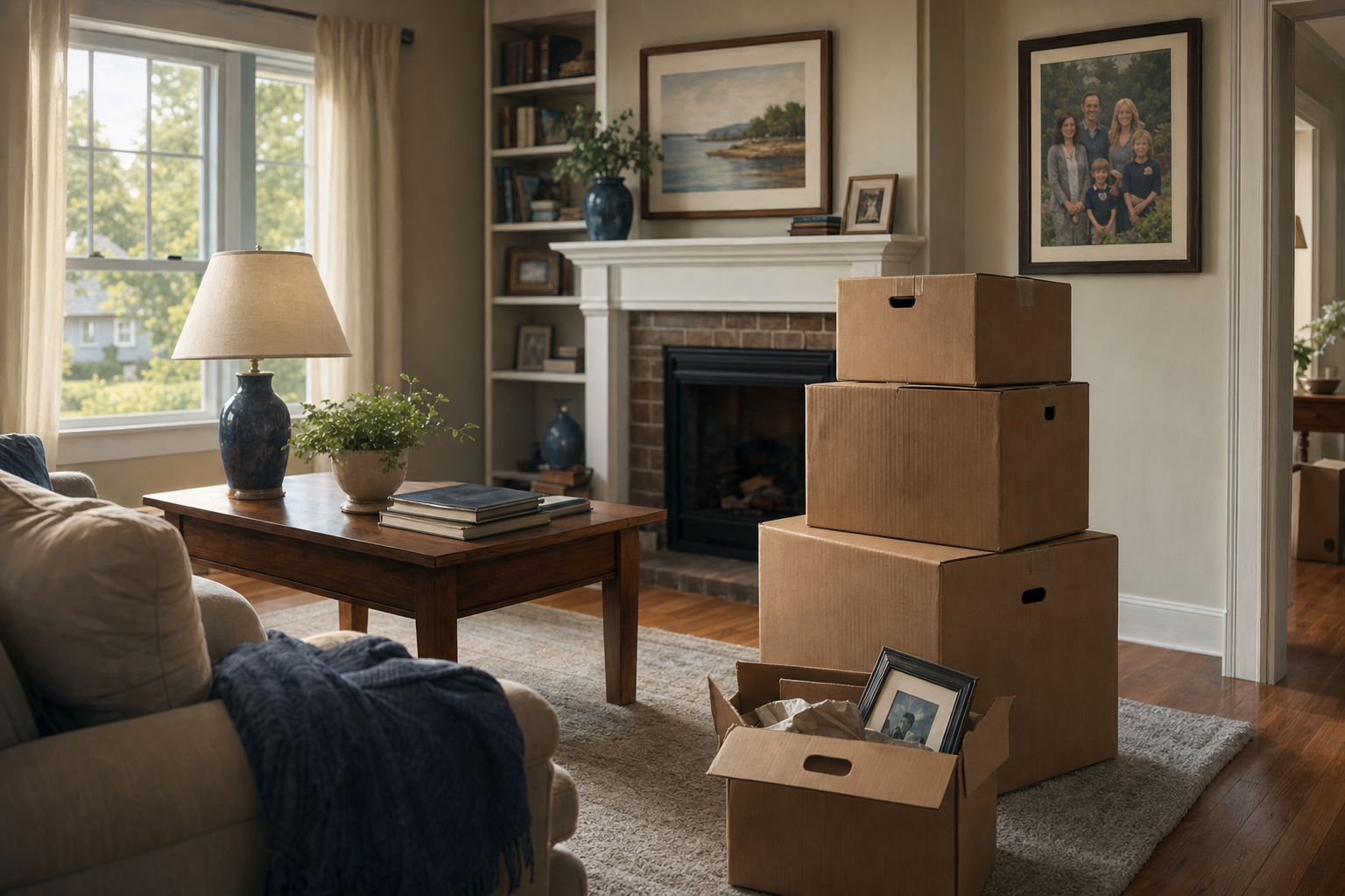 A tidy family living room with a few moving boxes as a New Jersey estate is settled and the home prepared for sale