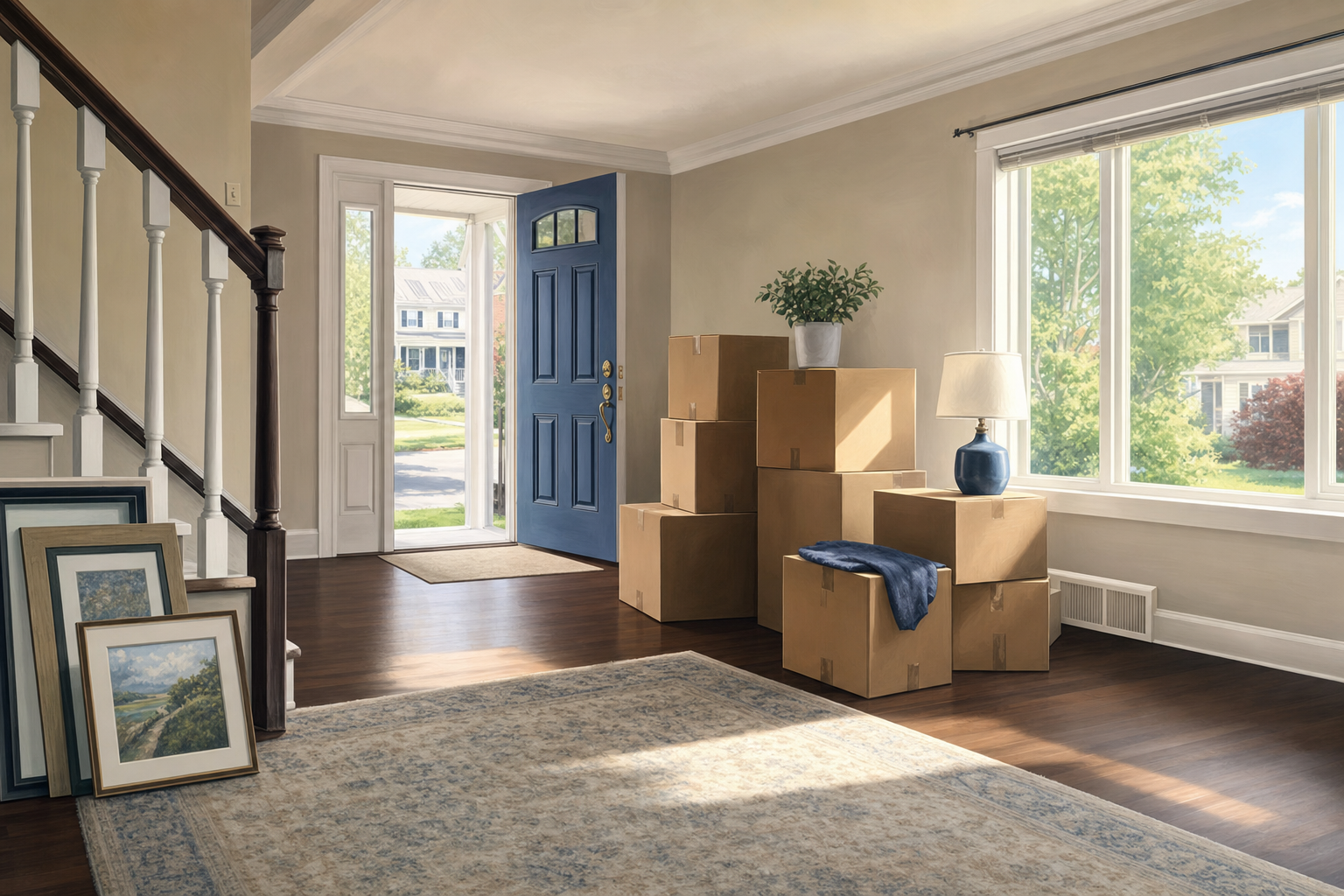 Moving boxes stacked by the front door of a New Jersey home ready for a relocation