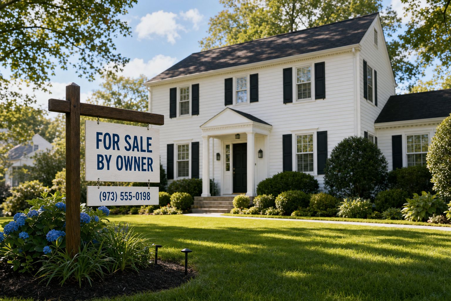 A For Sale By Owner yard sign in front of a white colonial home in New Jersey