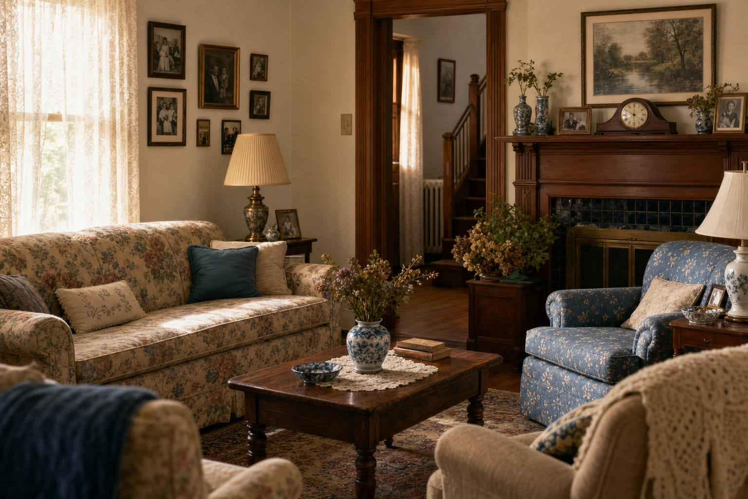 The warm, lived-in living room of an inherited New Jersey family home awaiting sale