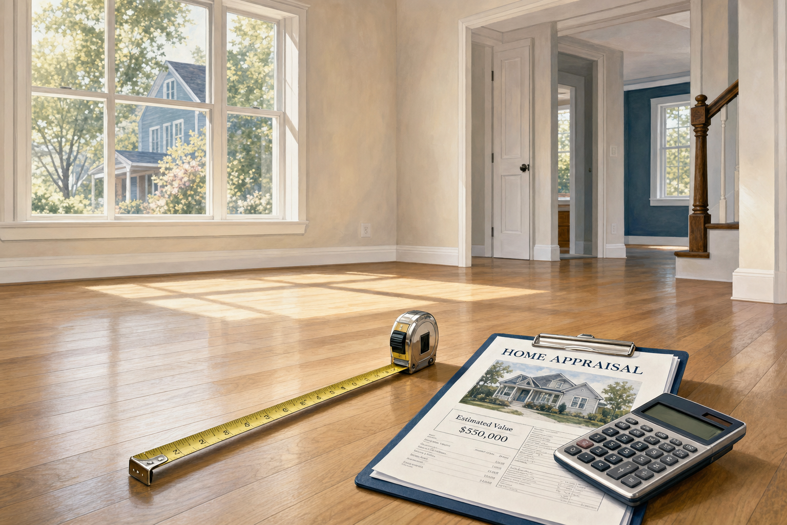 A home appraisal report, tape measure, and calculator on the floor of an empty room being measured